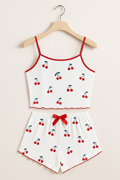 Gawzera Lily Bicnca Women's White Rope Strap Red Cherry Patterned Mini Short Suit
