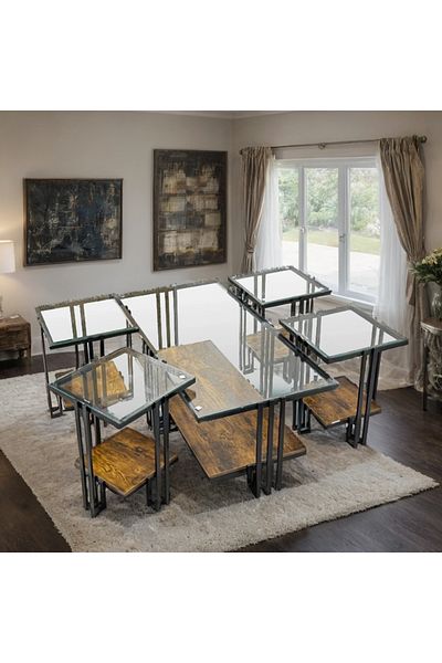 Ch 5-piece glass table set with wood and iron legs
