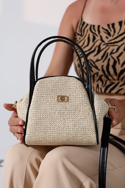 Encool Straw Look Small Size Women's Gold Buckle Zipper and Snap Detail Cross Strap Shoulder Handbag