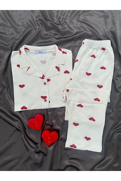 Lena Homewears Women's Heart Patterned 4-Piece Short Sleeve Shorts Pajamas Set