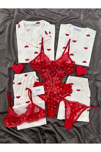 Lena Homewears Women's Heart Patterned 7-Piece Underwear Fatnezli Short Sleeve Shorts Pajama Set
