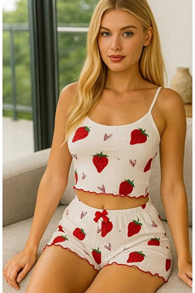 Gawzera Lily Bicnca Women's Rope Strap Red Strawberry Patterned Mini Shorts Set
