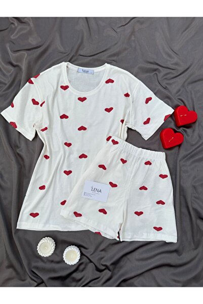 Lena Homewears Women's Heart Patterned 4-Piece Short Sleeve Shorts Pajamas Set