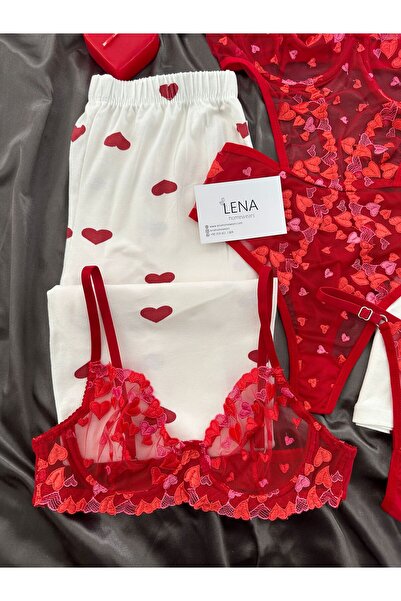 Lena Homewears Women's Heart Patterned 7-Piece Underwear Fatnezli Short Sleeve Shorts Pajama Set