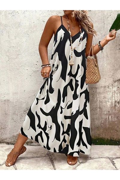 BÜŞRA TEZEL MODA Women's Wide V-Neck Leopard Print Single Jersey Dress with Rope Strap