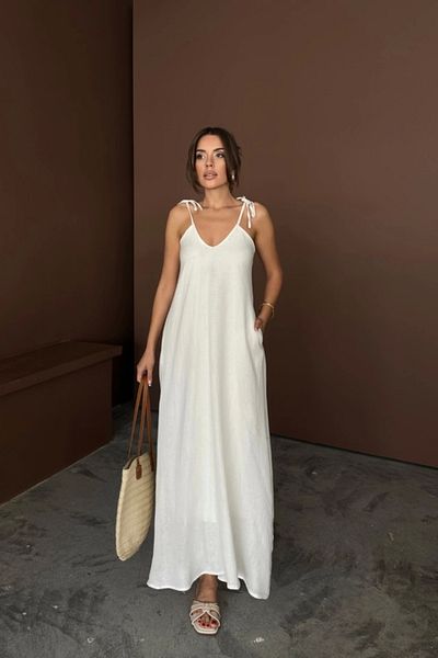 isez Long Sleeve Muslin Dress with Straps - White