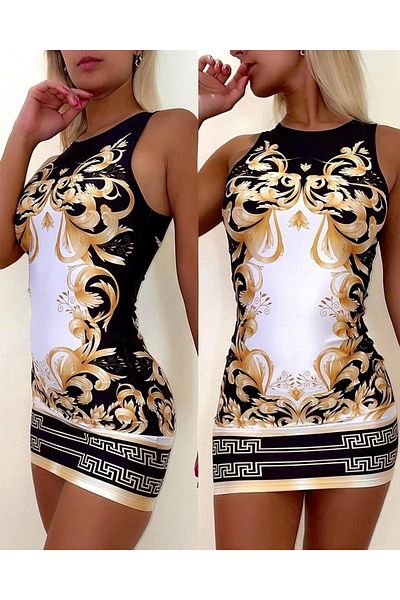 BÜŞRA TEZEL MODA Women's Zero Sleeve Crew Neck Digital Print Diver Mini Dress
