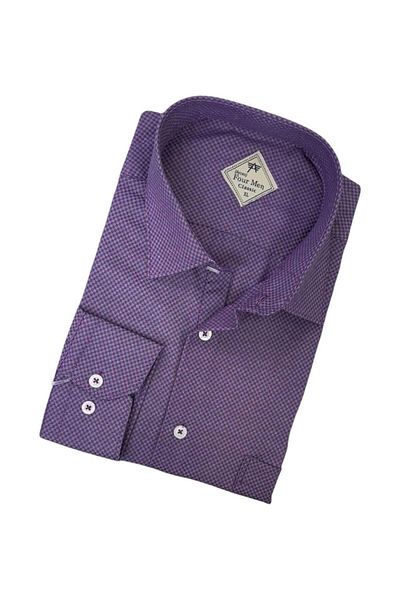 EREN STYLE Cămașă pentru bărbați din in, clasică, cu mânecă lungă, anti-transpirație, violet (model normal)