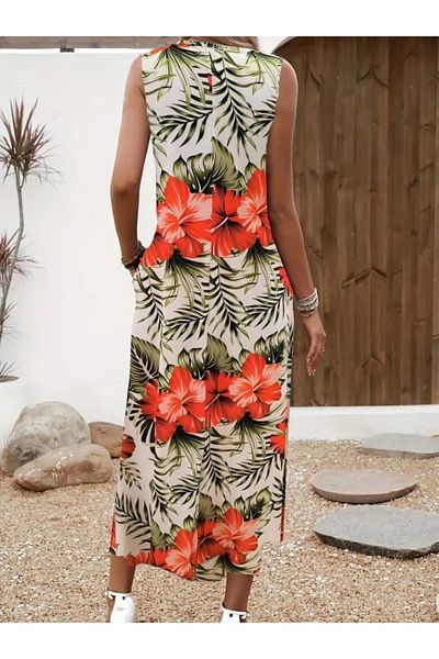MODA Women's Strappy Round Neck Pocket Patterned Single Jersey Dress