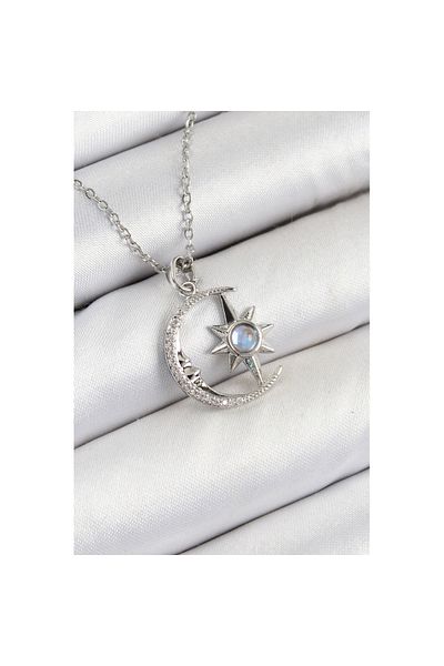 Skygo 316L Steel Zircon Stone Pole Star Crescent Model Silver Color Women's Necklace - Tj-Bko10342