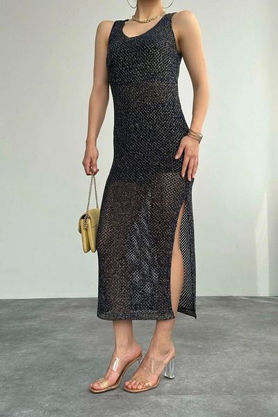 munn collection Glitter Openwork Long Dress - Navy Blue-Yellow