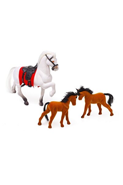 OEM Set 3 figurines, domestic animals, 1 white horse and 2 brown foals, 13-21 cm