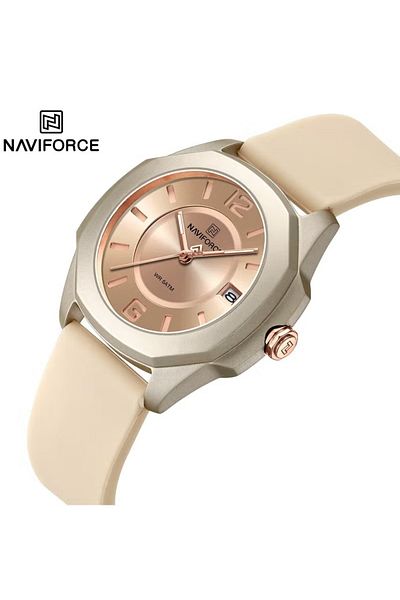 Naviforce Champagne Gold Analog Watch for Men and Women Elegant Round Dial Wristwatch with Silicone Strap