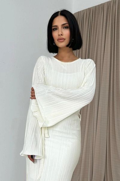 HELİS BUTİK Ecru Spanish Sleeves Pleated Dress