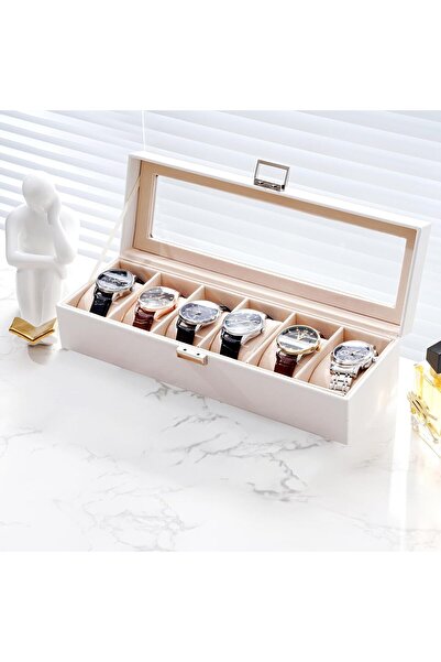 rexa 6-Slot Watch Box Organizer – Jewelry Display Case with Glass Lid (32.5W x 17D x 8H cm) for Watches