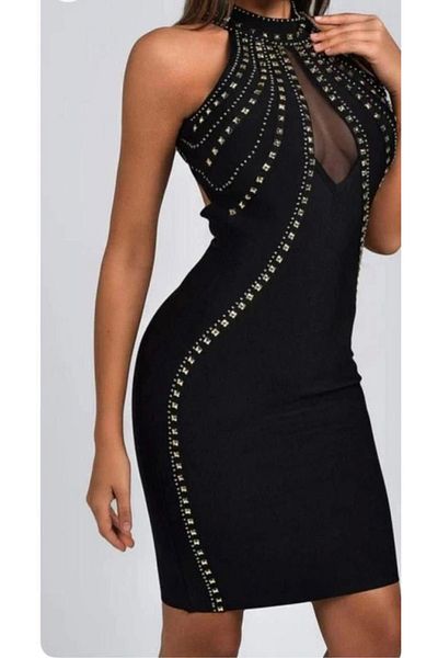 Edolika Women's Diver Fabric Stone Detailed Mini Dress