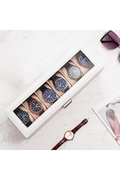 rexa 6-Slot Watch Box Organizer – Jewelry Display Case with Glass Lid (32.5W x 17D x 8H cm) for Watches