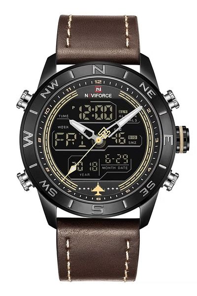 Naviforce Mens Black Aviation Chronograph Watch Black Dial Dark Brown Leather Strap Analog Digital Quartz