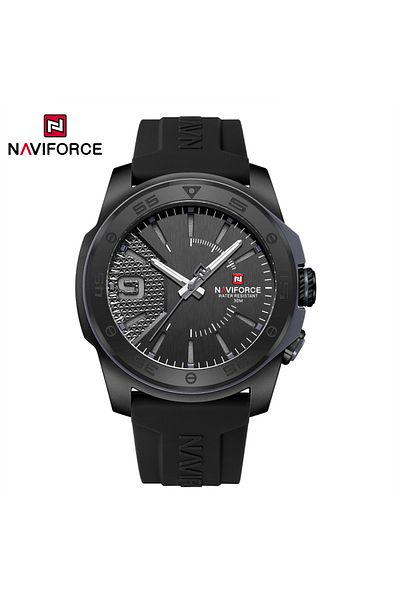 Naviforce Sleek All-Black Silicone Strap Watch with Textured Dial Quartz Movement and Water Resistance