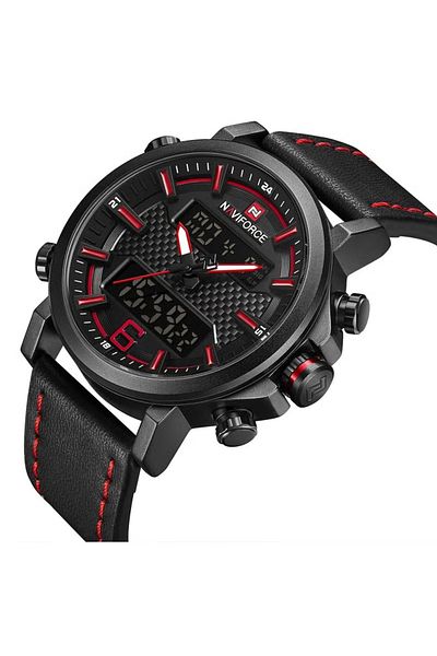 Naviforce Mens Black Dial Black Leather Strap Watch Analog Digital Quartz Waterproof Chronograph