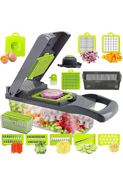 OEM Multifunctional slicer 10in1, MS STAR, Stainless steel, Storage container, Green/Grey