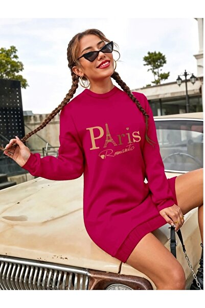 BÜŞRA TEZEL MODA Women's Long Sleeve Crew Neck Lettered Short Viscose Two Thread Dress
