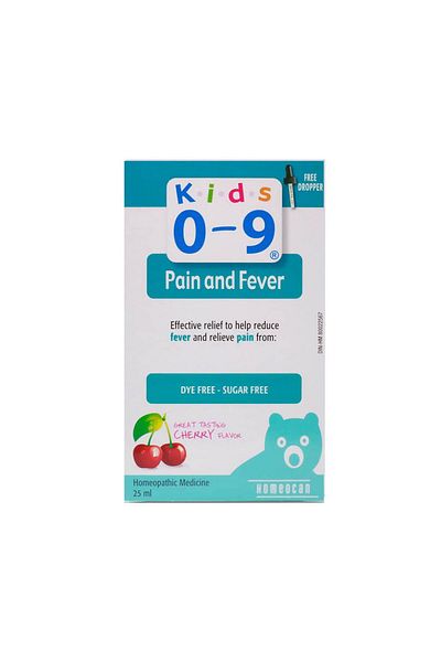 OTC Homeocan Kids 0-9 Pain & Fever Homeopathic Medicine Cherry Flavour - Dye Free, Sugar Free 25M