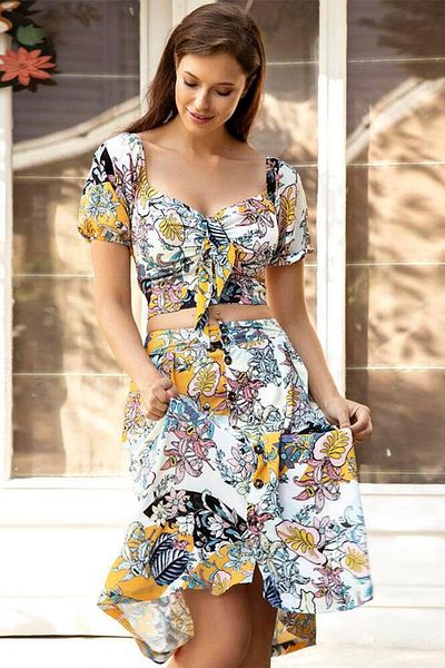 Motto10 butik Motto10Boutique Woven Tie Front Floral Printed Off-The-Shoulder Bustier and Front Button Skirt Set