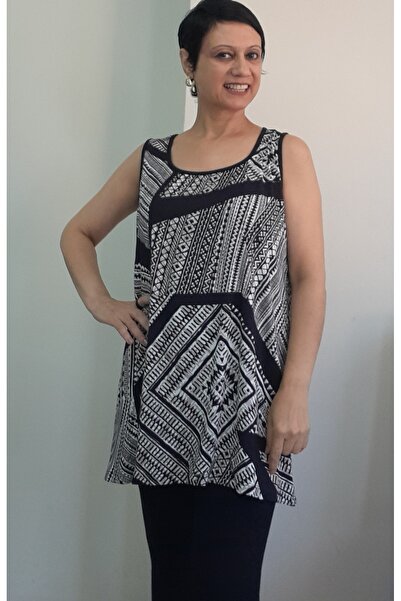 Mertcan Butik Black and White Patterned Combed Viscose T-Shirt with Thick Straps