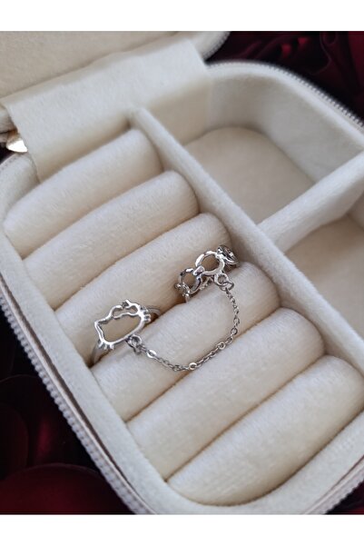 MutluBiDünya Hello Kitty Zincirli Çift Yüzük Zincirli Eklem Yüzüğü