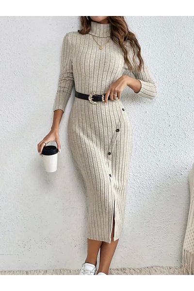 MODA Rochie de damă cu mânecă lungă, cu gât țesut, cu nasturi, cu șold (fără centură)