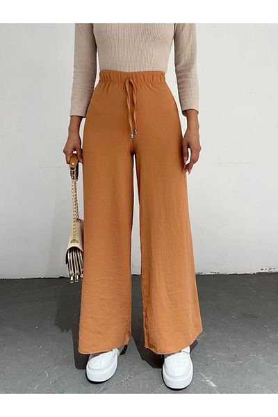 nedo7 Lace Detailed Wide Leg Elastic Waist Trousers - Apricot Color