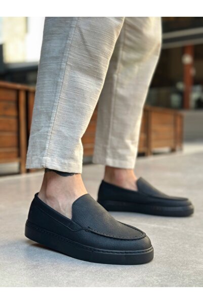 TUGERDİ Black Lightweight Black High Sole Laceless Style Men's Shoes Tge230391