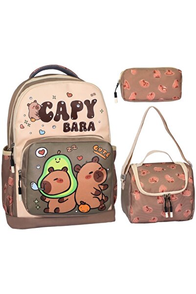 Alfa MEC Capybara 3-комплектна раница за начално училище с печат, за момчета, с отделение за храна и калъф за моливи