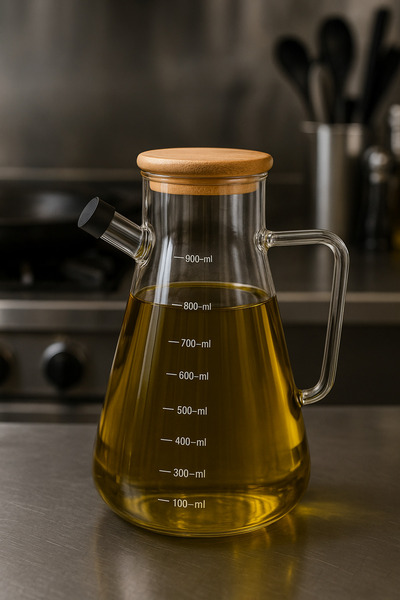 BRE HOME وعاء زيت من زجاج البوروسيليكات سعة 900 مل مع طرف سيليكون وغطاء من الخيزران - مقاوم للحرارة - تصميم مانع للتسرب