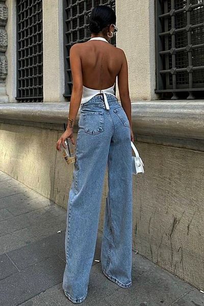 FashionForYou Blugi Nairobi pentru petrecere, cu picior larg, cu tul și talie înaltă, albastru deschis, 42