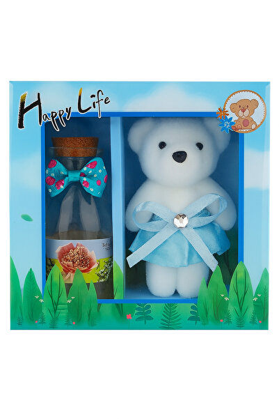 Bittox Büyük Boy Romantik Mavi Hediye Kutusu Peluş Ayıcık ve Led Işıklı Şişe-...