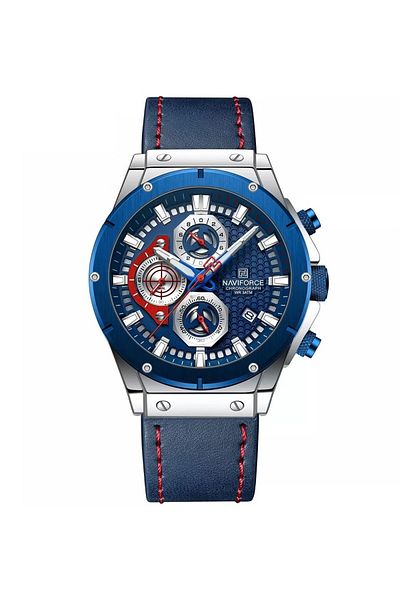 Naviforce Men's Chronograph Sports Watch Blue Dial with Red and Silver Accents Leather Strap Water Resistant