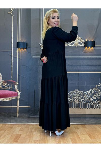 Yeşilmoda Women's Dress with Hijab,Viscose Stretchy,Pleated Dress,Casual,Summer,Black,Buttoned Sleeves