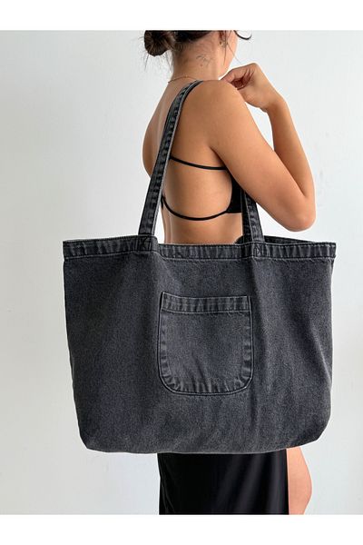 KIRASE Model nou Mega Dimensiune mare din denim Geantă de mână și de umăr de calitate, atât de ocazională, cât și elegantă, cu buzunar frontal