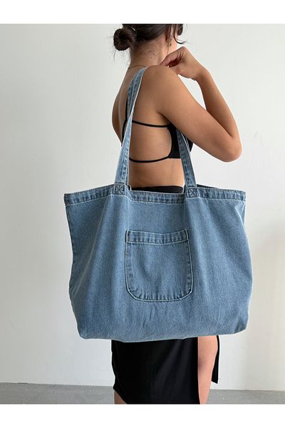 KIRASE Model nou Mega Dimensiune mare din denim Geantă de mână și de umăr de calitate, atât de ocazională, cât și elegantă, cu buzunar frontal