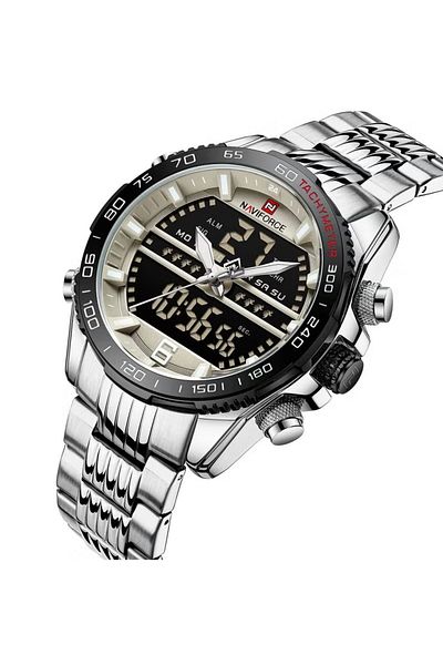 Naviforce Multi-Function Analog Digital Wrist Watch for Men with Stainless Steel Strap Chronograph