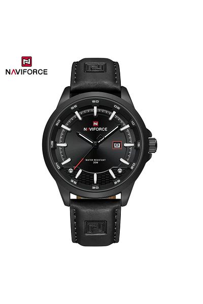 Naviforce Casual Leather Men's Watch – Black Dial & Black Strap