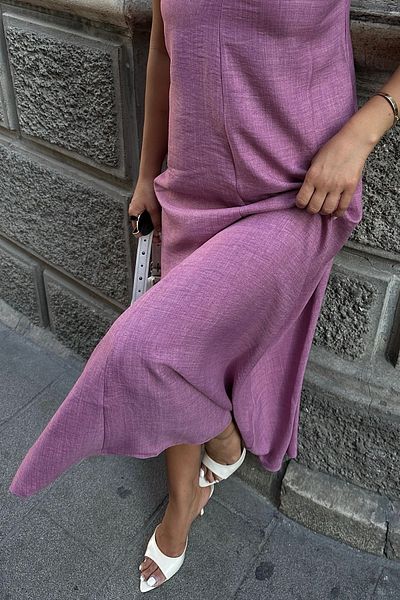 World Fashion Trends Γυναικείο μακρύ φόρεμα με ρυθμιζόμενο λουράκι από μαύρο λινό ύφασμα 00000010
