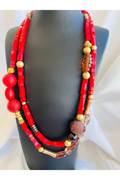 COCOSH TAKI عقد طويل متعدد من الخرز الخشبي الأحمر مع تفاصيل ذهبية