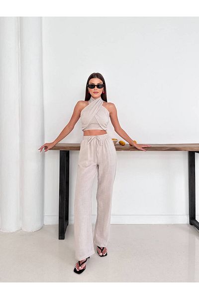 DENİKK Trend Special Design High Waist Lace up Elastic 2 Piece Crop Pants Linen Set