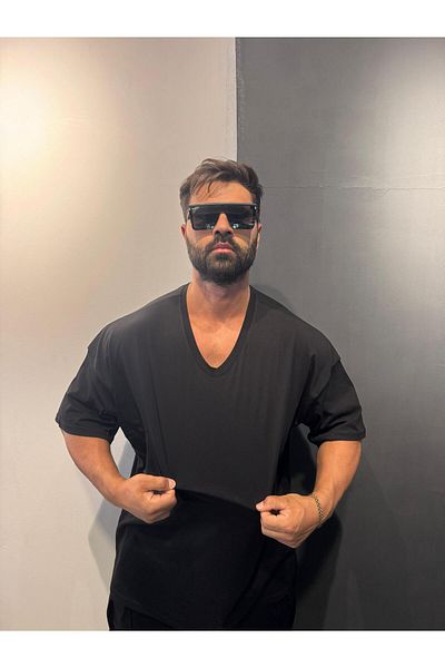 Bas Body FitnessWear Battal Large Size Black V-Neck Unprinted Combed Cotton Fabric Plain