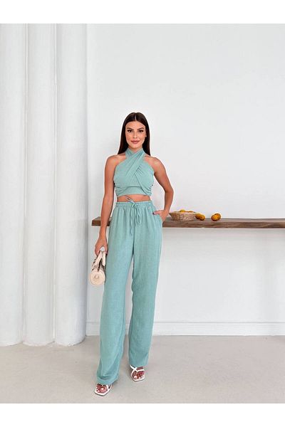 DENİKK Trend Special Design High Waist Lace up Elastic 2 Piece Crop Pants Linen Set