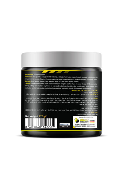Body Builder Beta Alanine Powder 4500mg Per Serving, (270g – Unflavored) Vegan Pre-Workout Supplement.