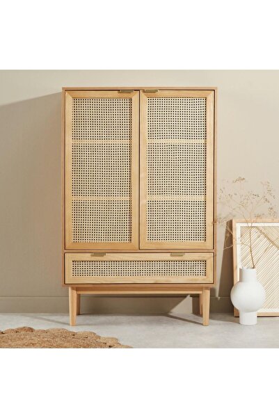 WoodenDecoration01 Sheldon Doğal Ahşap Rattan Kapaklı Gardırop - Modern Minim...